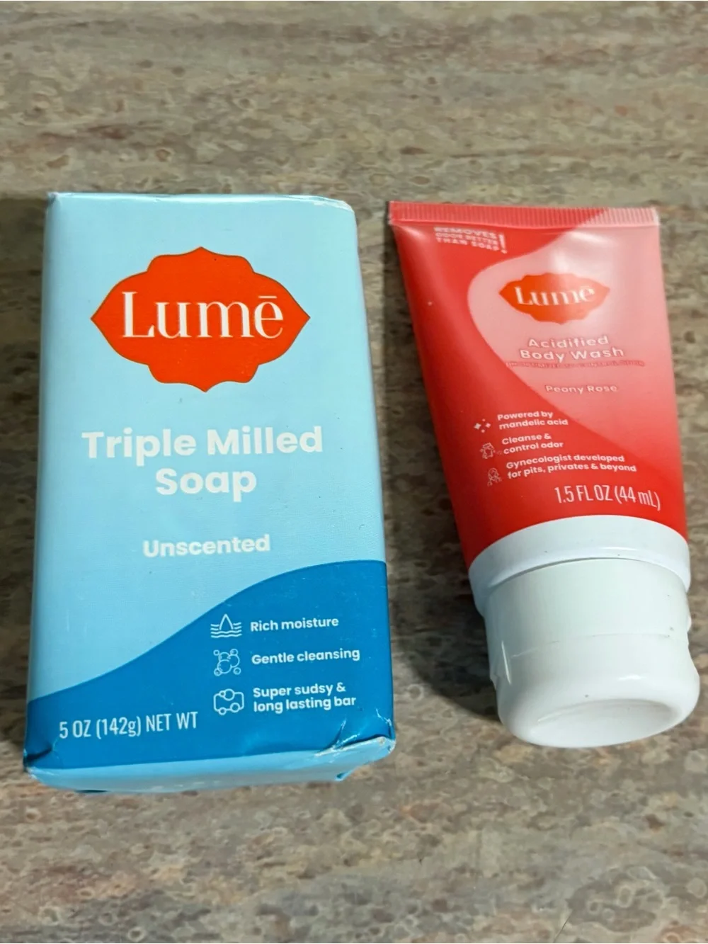 Lume Triple Milled Unscented Soap & Acidified Peony Rose Body Wash Set